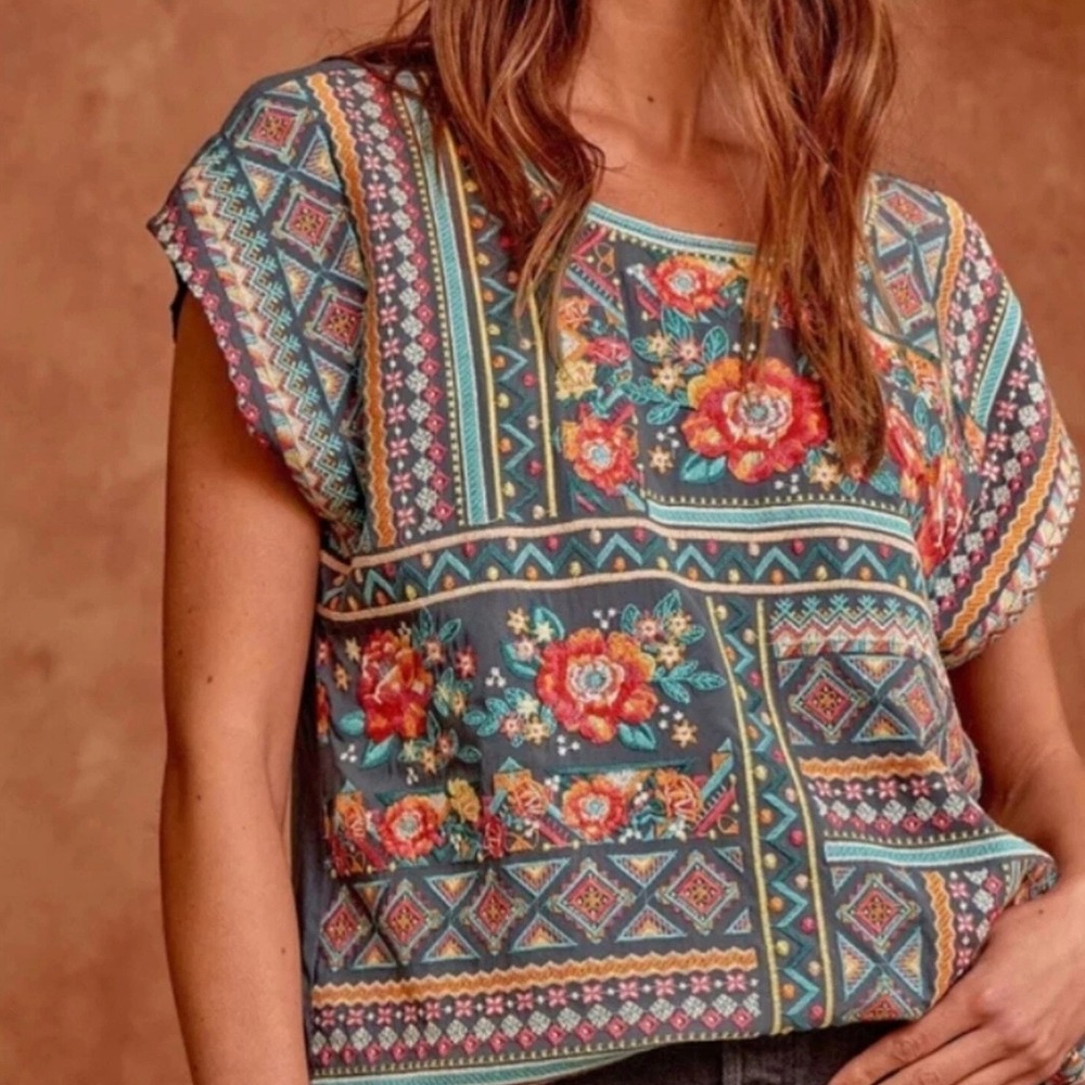 Savanna Jane Embroidered Floral Patchwork Blouse Top, Bohemian Festival
